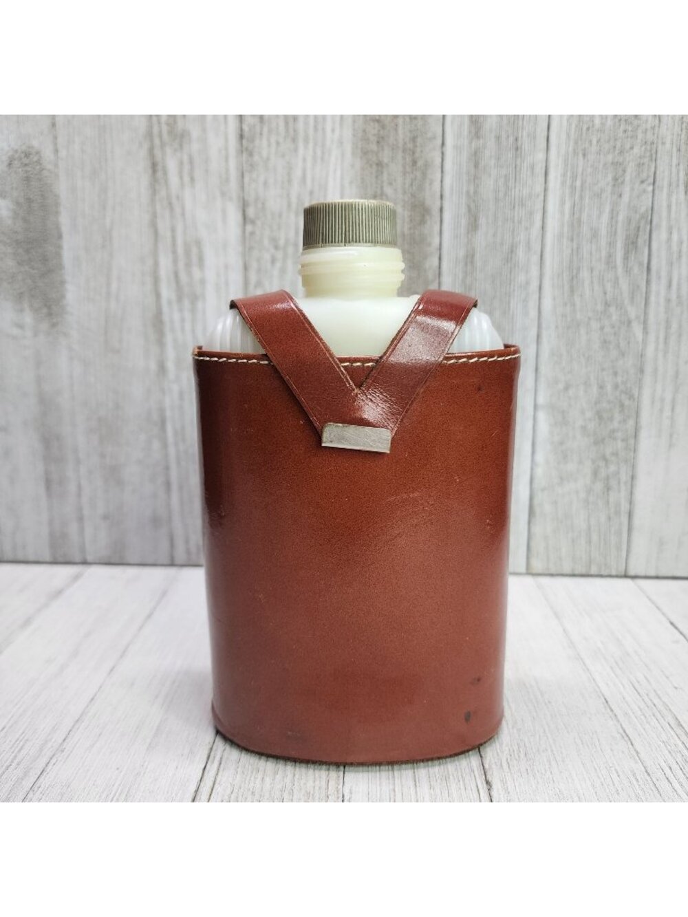 Vintage Flask Plastic Bottle with Hickok Top Grain Cowhide Brown Leather Cover